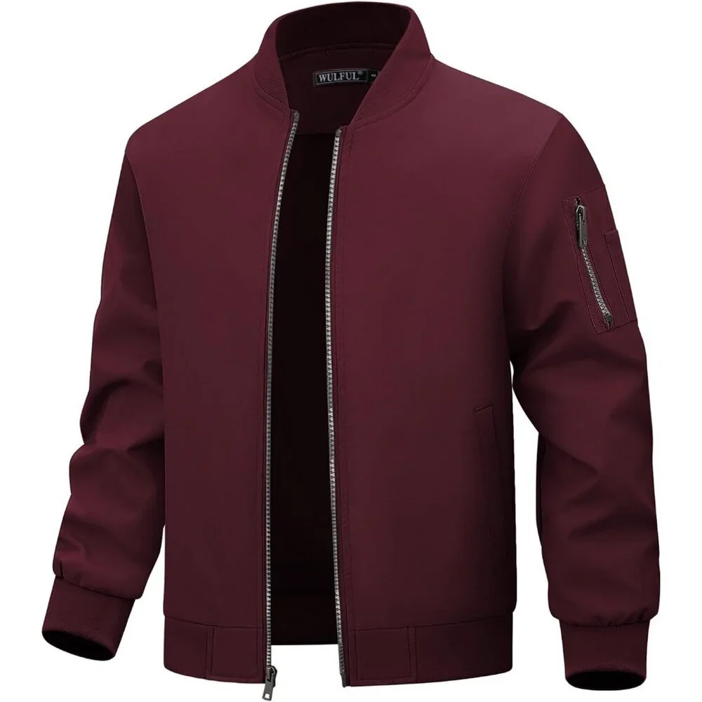 Men's Burgundy Bomber Jacket Coat Lightweight Casual Windbreaker Zip Up Pocket